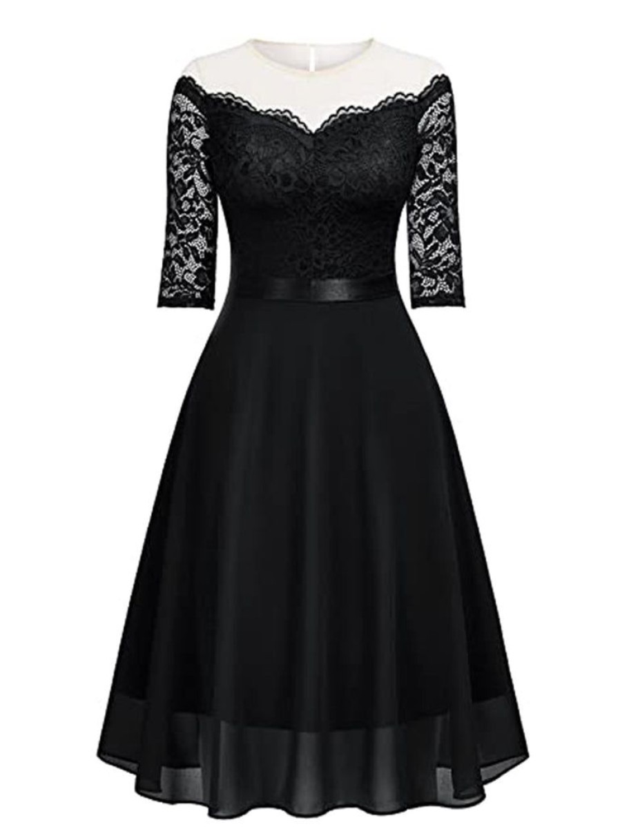 Clothing Retro Stage | 1950S Solid Lace Off Shoulder Patchwork Dress