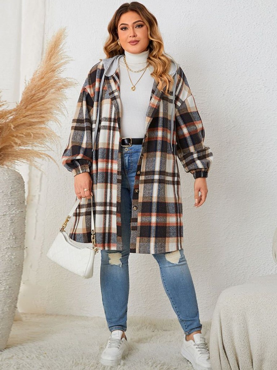 Clothing Retro Stage | [Plus Size] 1940S Plaid Button Hooded Coat Multicolor