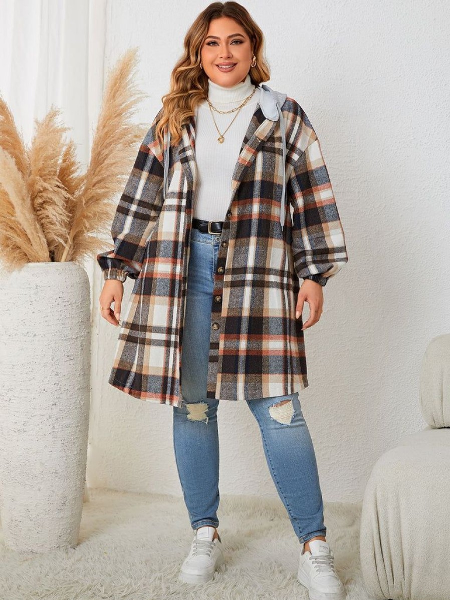 Clothing Retro Stage | [Plus Size] 1940S Plaid Button Hooded Coat Multicolor