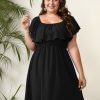 Clothing Retro Stage | [Plus Size] 1950S Solid Ruffle Neck Off Shoulder Dress