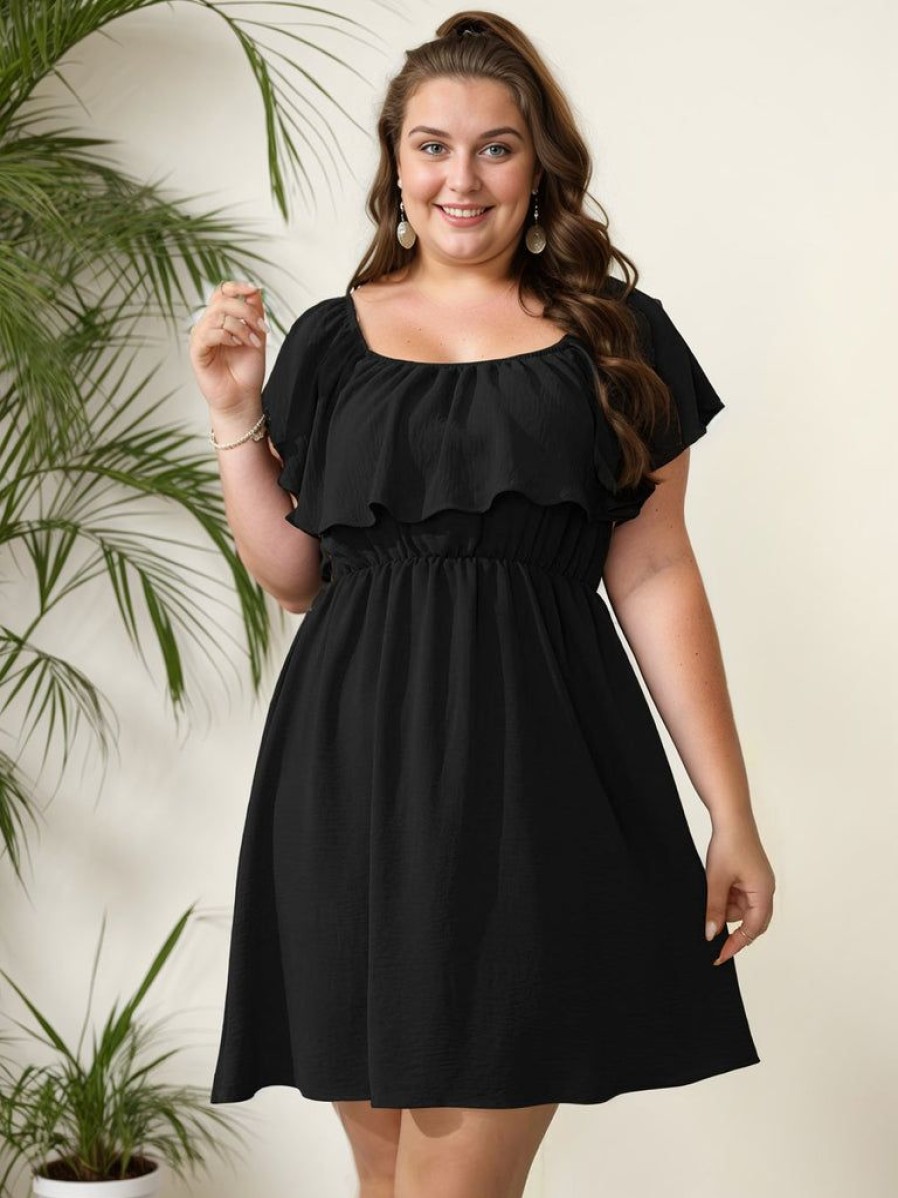 Clothing Retro Stage | [Plus Size] 1950S Solid Ruffle Neck Off Shoulder Dress