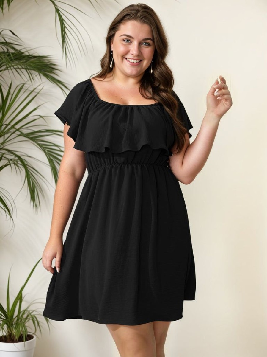 Clothing Retro Stage | [Plus Size] 1950S Solid Ruffle Neck Off Shoulder Dress