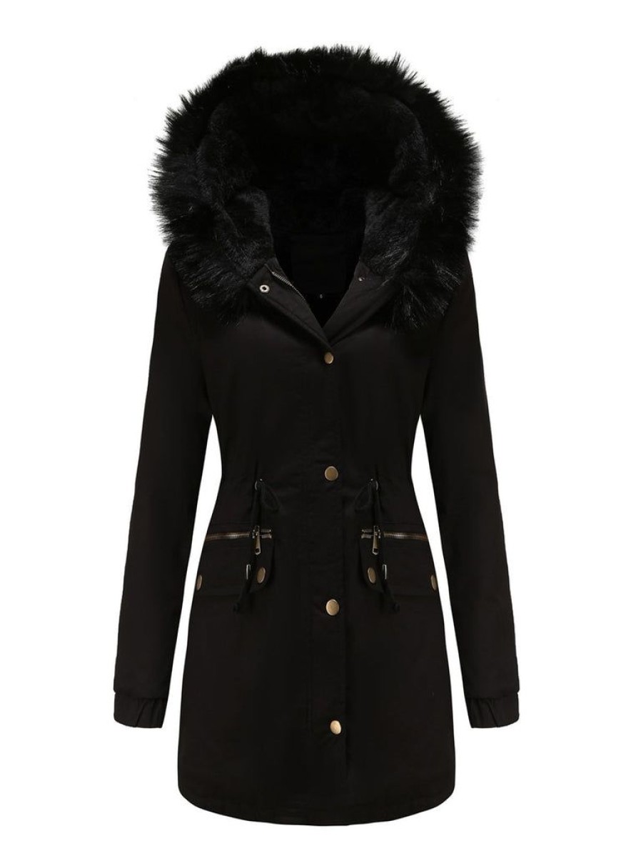 Clothing Retro Stage | 1950S Solid Zipper Fur Trimmed Coat