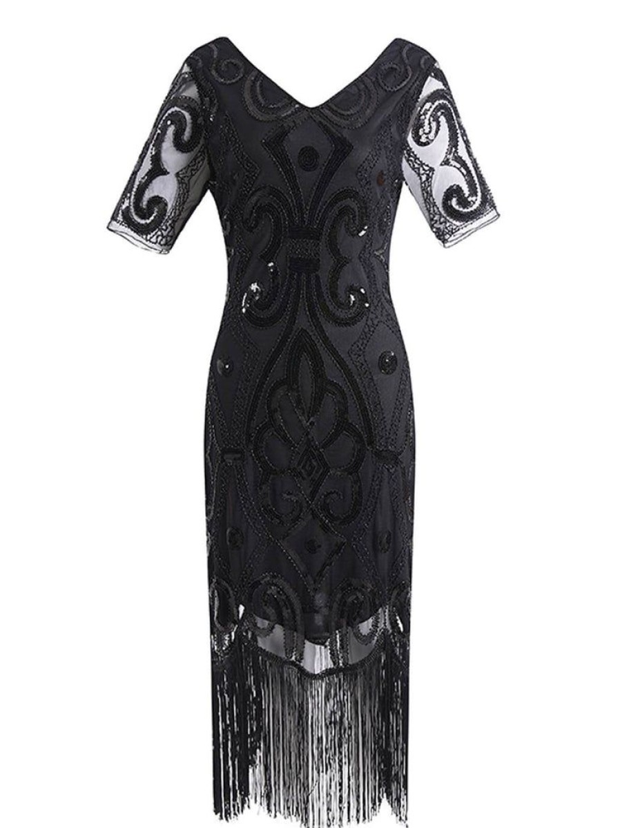 Clothing Retro Stage | 1920S Sequin Fringed Gatsby Dress Black