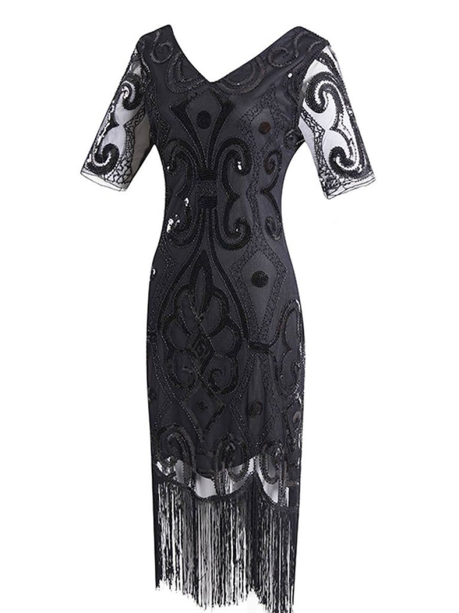 Clothing Retro Stage | 1920S Sequin Fringed Gatsby Dress Black