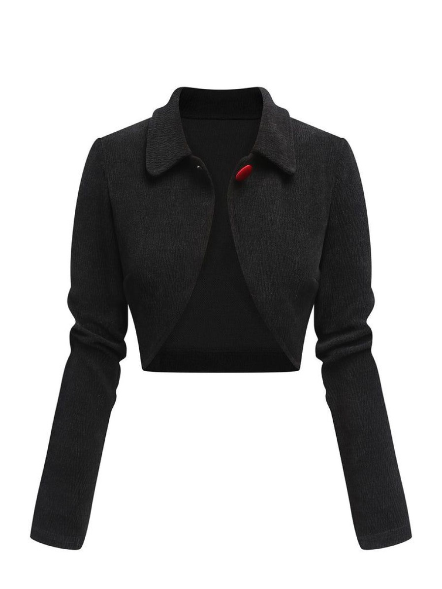 Clothing Retro Stage | 1950S Textured Knitted Crop Jacket Black