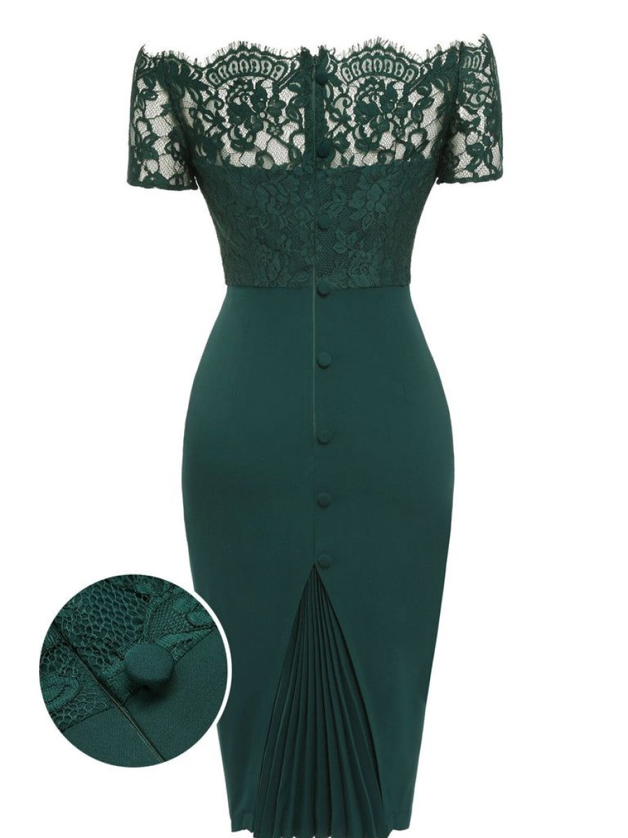 Clothing Retro Stage | 1960S Lace Off-Shoulder Dress Dark Green