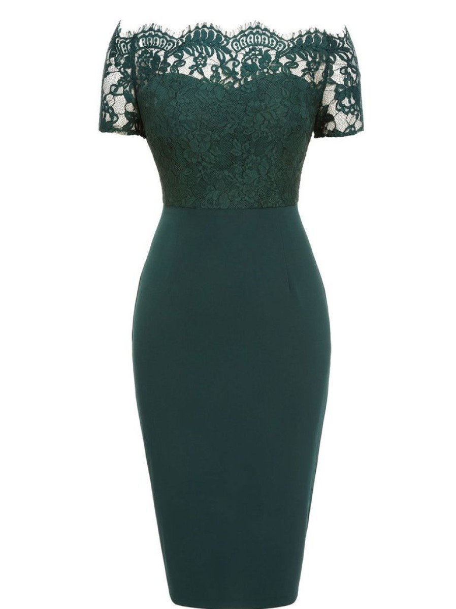 Clothing Retro Stage | 1960S Lace Off-Shoulder Dress Dark Green