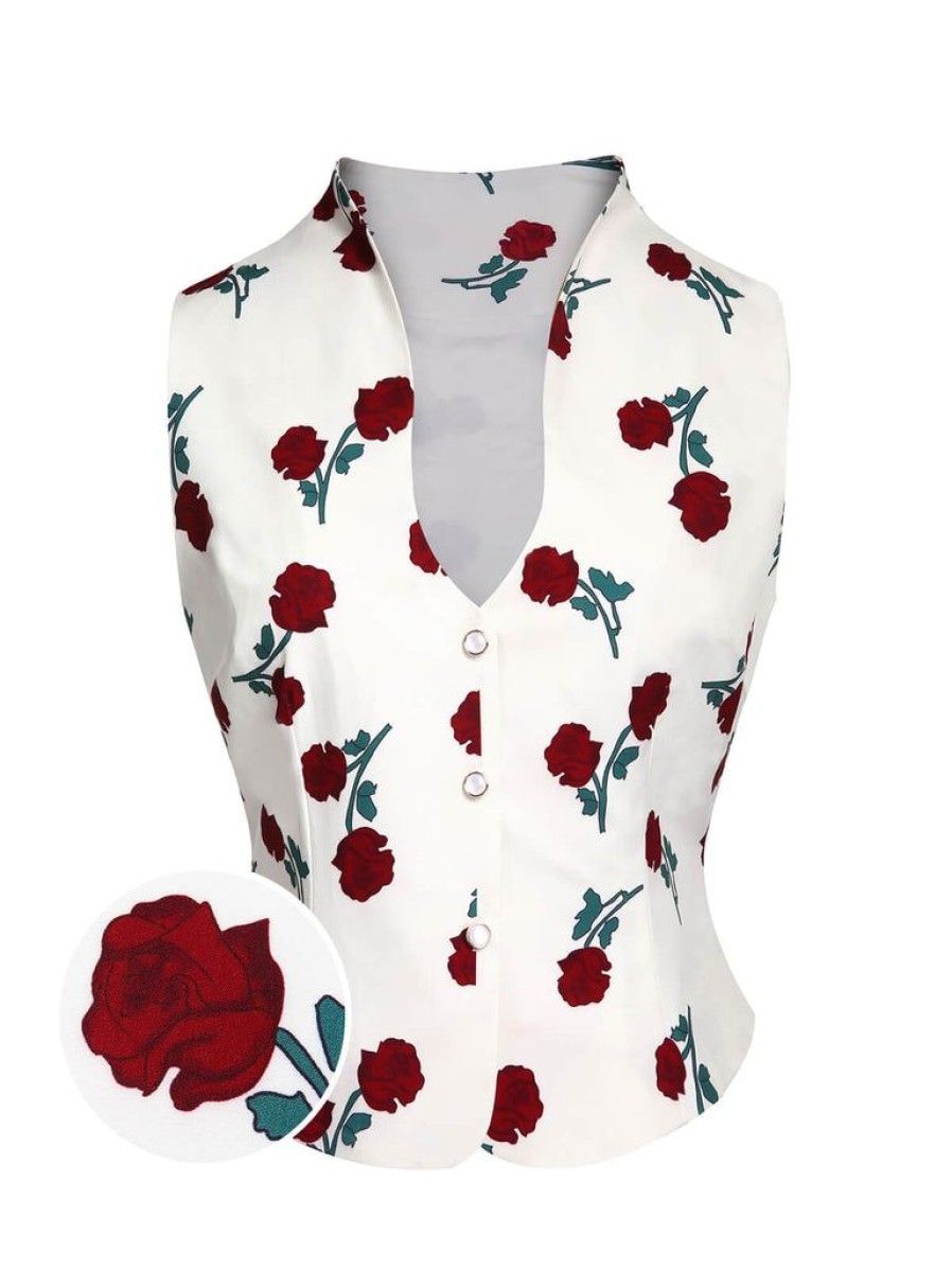 Clothing Retro Stage | 1950S Roses Vintage Sleeveless Top White