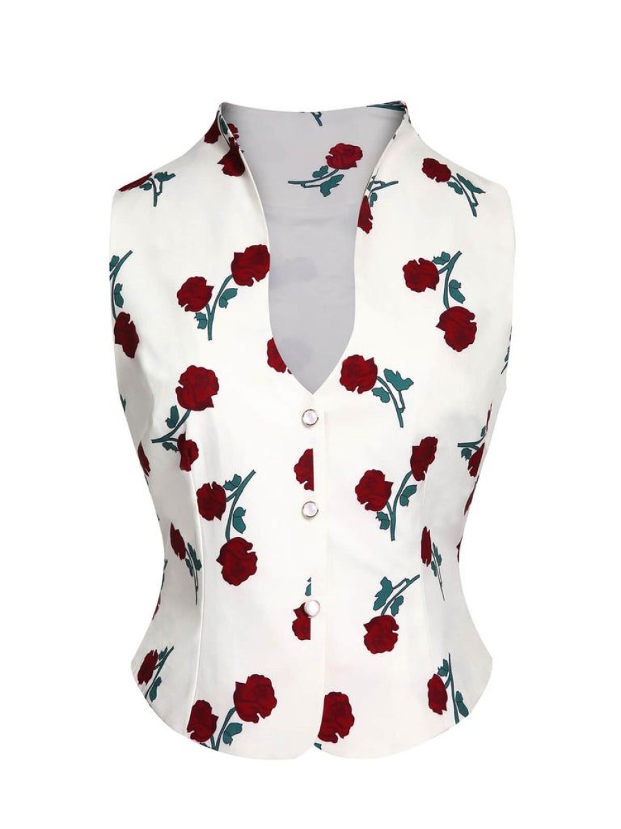 Clothing Retro Stage | 1950S Roses Vintage Sleeveless Top White