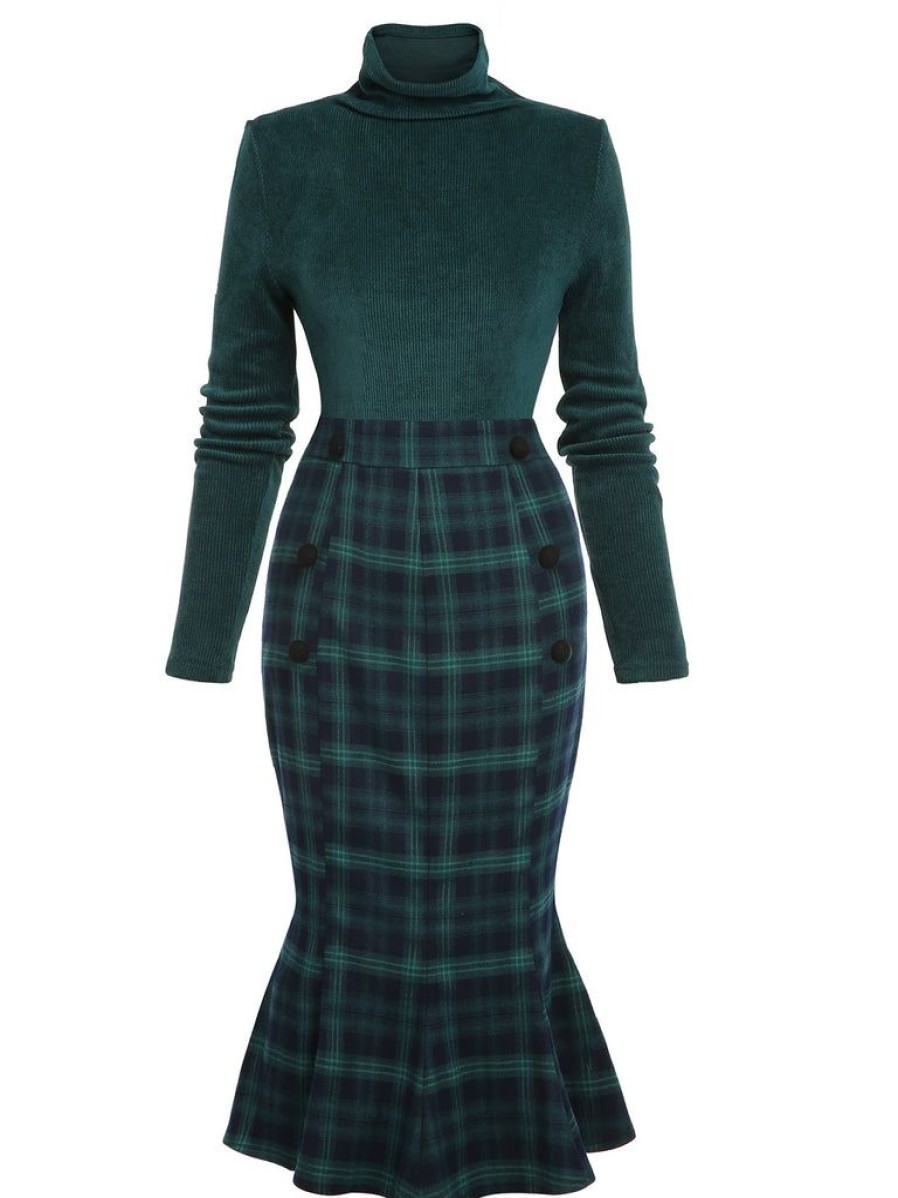 Clothing Retro Stage | 1930S Plaid Turtleneck Fishtail Dress Green