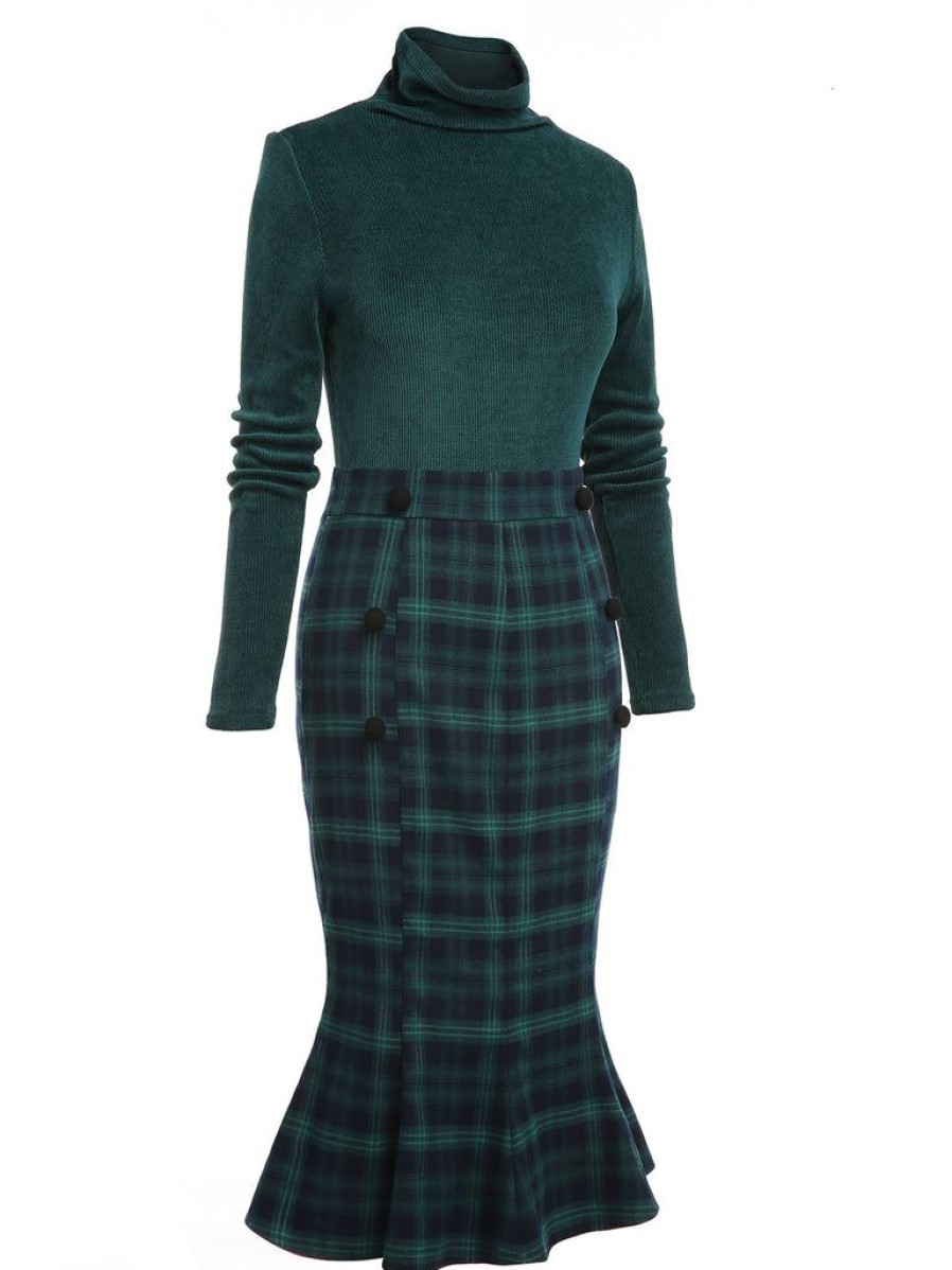 Clothing Retro Stage | 1930S Plaid Turtleneck Fishtail Dress Green