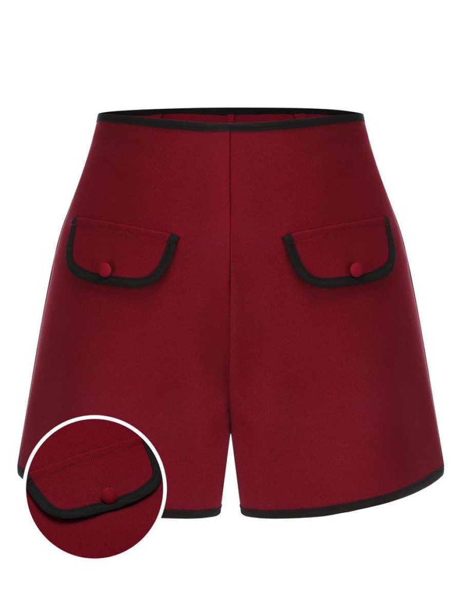 Clothing Retro Stage | Red 1950S Elastic Waist Solid Shorts Wine Red