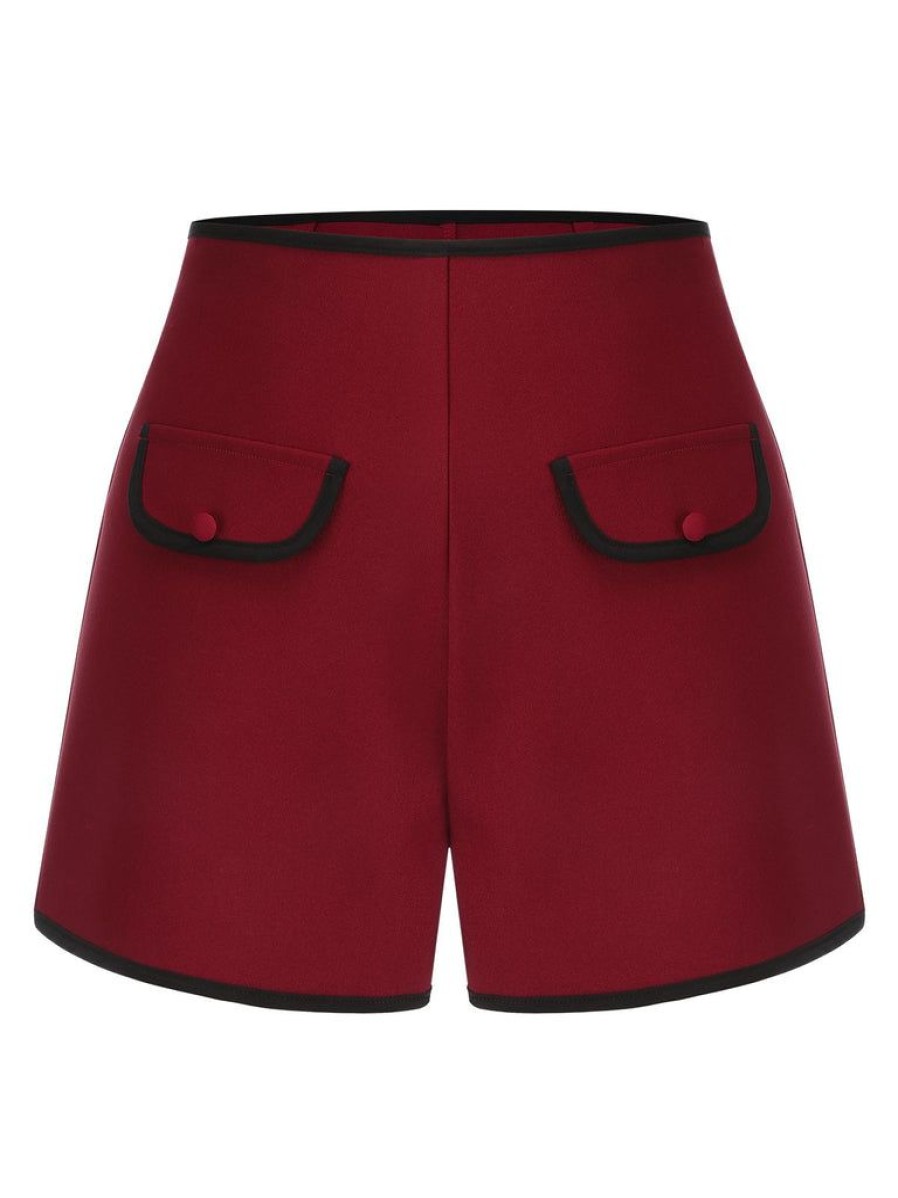 Clothing Retro Stage | Red 1950S Elastic Waist Solid Shorts Wine Red