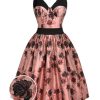 Clothing Retro Stage | 1950S Roses Embossed Satin Swing Dress Pink