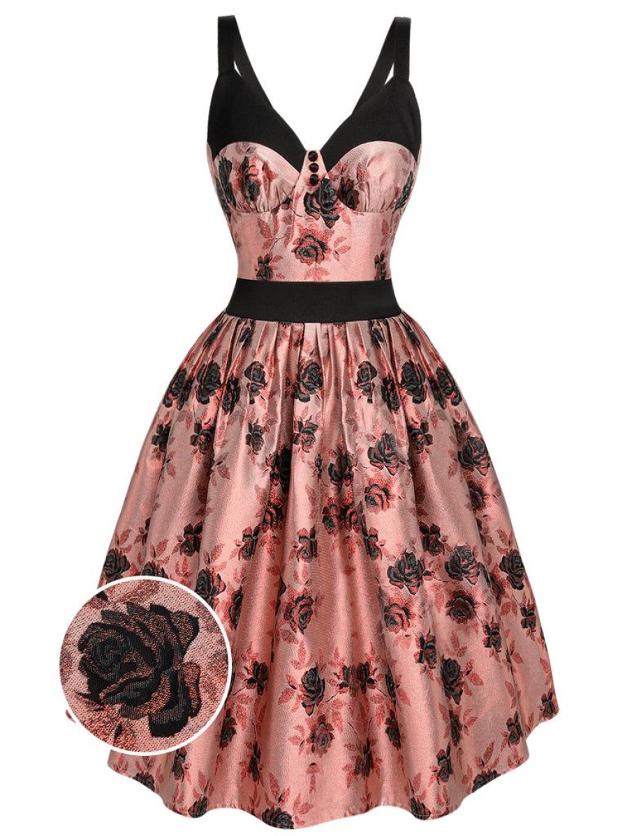 Clothing Retro Stage | 1950S Roses Embossed Satin Swing Dress Pink