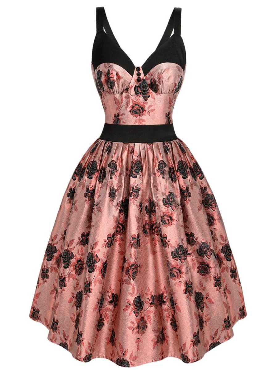 Clothing Retro Stage | 1950S Roses Embossed Satin Swing Dress Pink