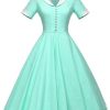 Clothing Retro Stage | 1950S Solid Turndown Collar Swing Dress Green