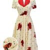 Clothing Retro Stage | 1930S Polka Dot Rose Patchwork Dress Beige