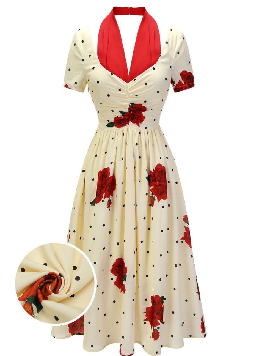 Clothing Retro Stage | 1930S Polka Dot Rose Patchwork Dress Beige