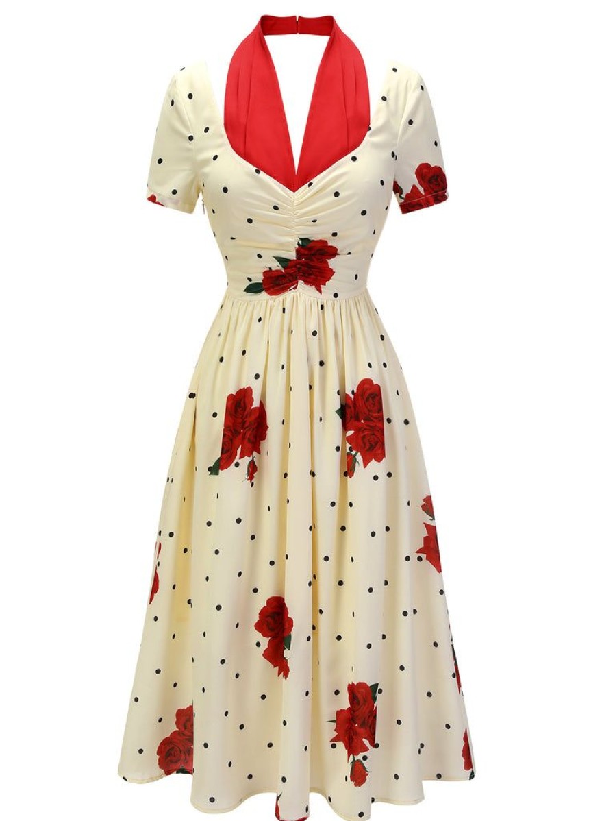 Clothing Retro Stage | 1930S Polka Dot Rose Patchwork Dress Beige