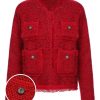 Clothing Retro Stage | 1940S Knitted Pocketed Raw Hem Cardigan Wine Red