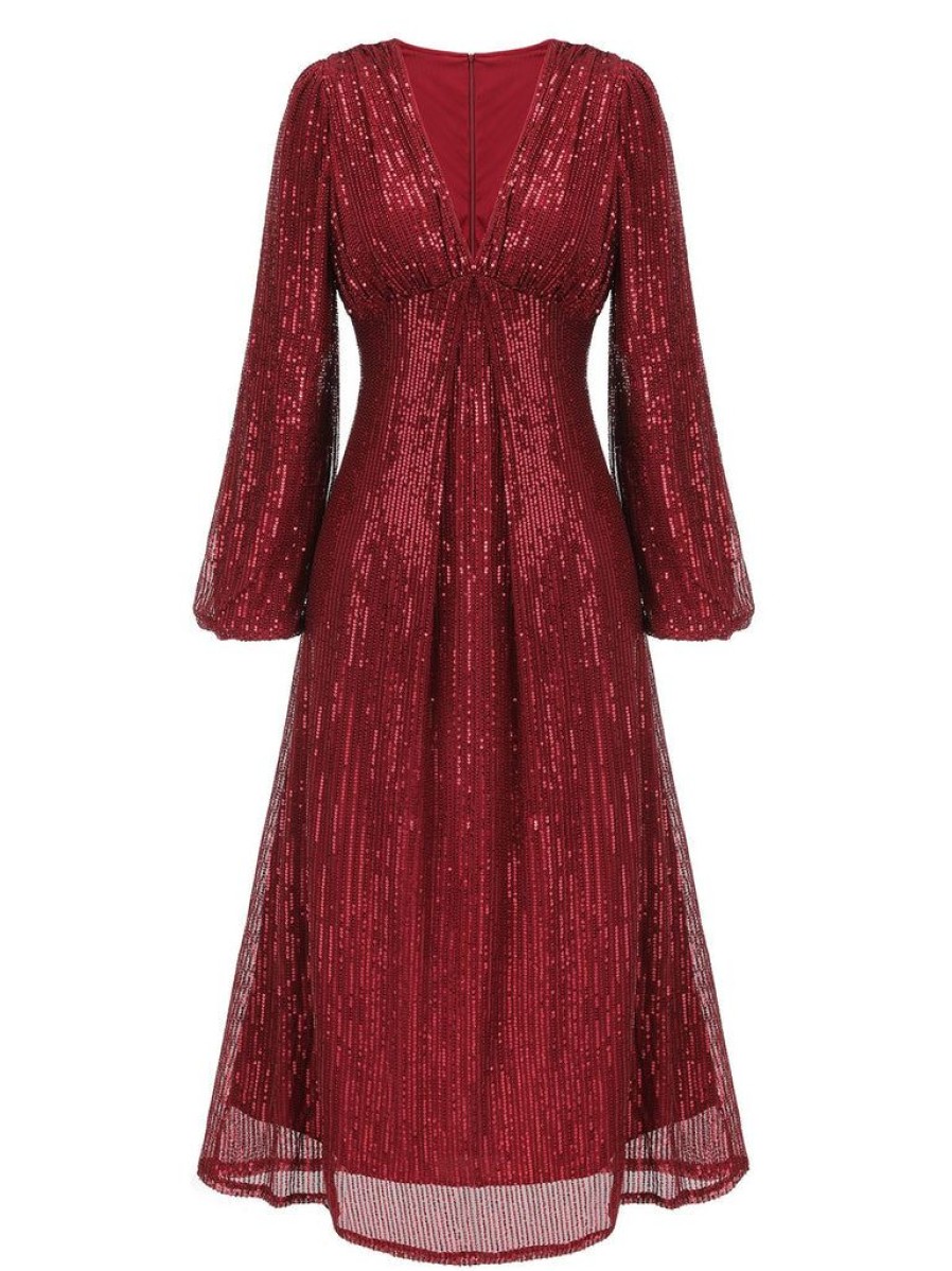 Clothing Retro Stage | 1930S Solid Sequined V-Neck Shift Dress Red