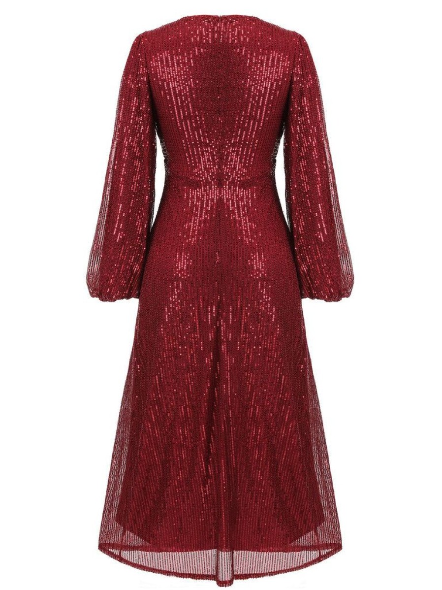 Clothing Retro Stage | 1930S Solid Sequined V-Neck Shift Dress Red