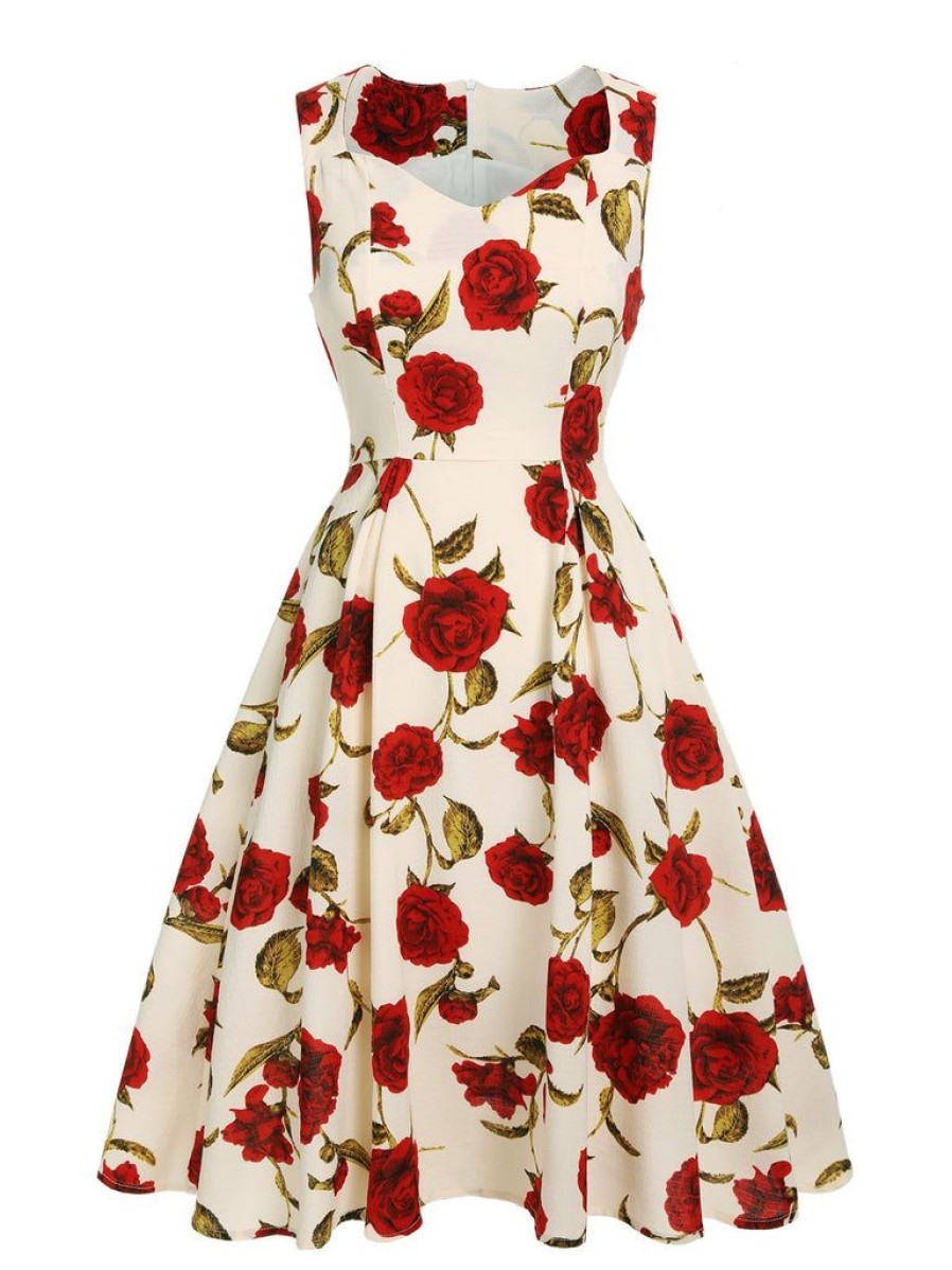 Clothing Retro Stage | 1950S Floral Sleeveless Heart Collar Dress Red