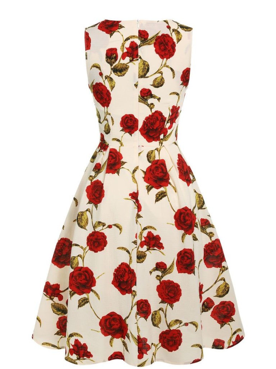 Clothing Retro Stage | 1950S Floral Sleeveless Heart Collar Dress Red