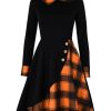 Clothing Retro Stage | Orange 1950S Plaids Hooded Patchwork Dress