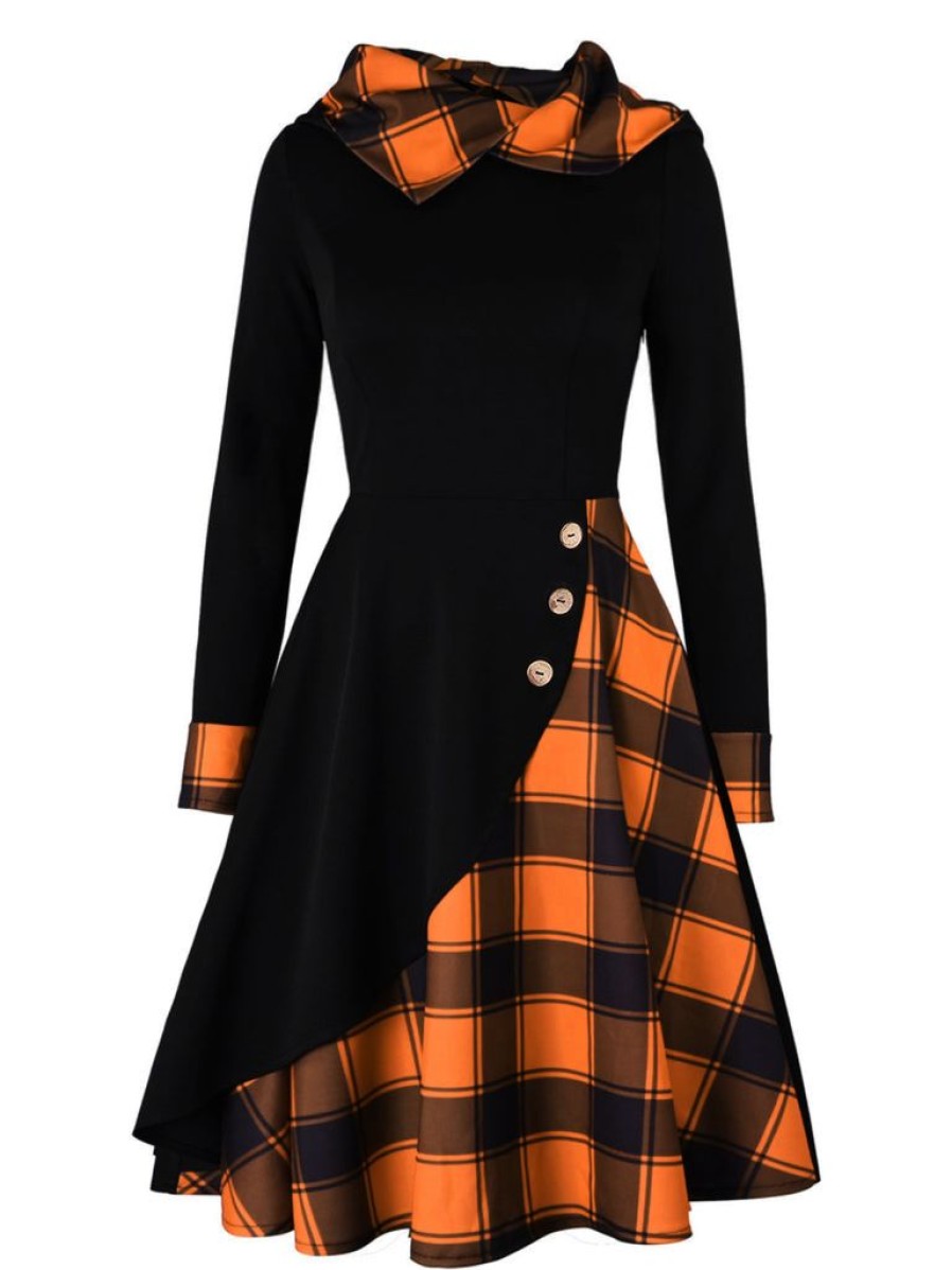 Clothing Retro Stage | Orange 1950S Plaids Hooded Patchwork Dress