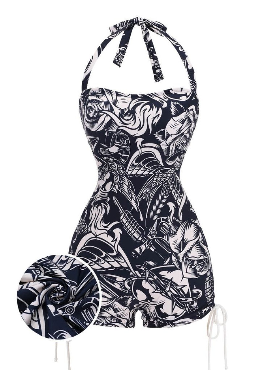 Clothing Retro Stage | 1940S Dark Comics Halter Swimsuit Black