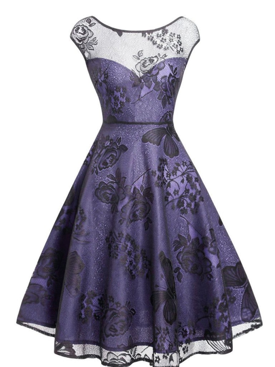 Clothing Retro Stage | 1950S Mesh Floral Swing Dress Purple