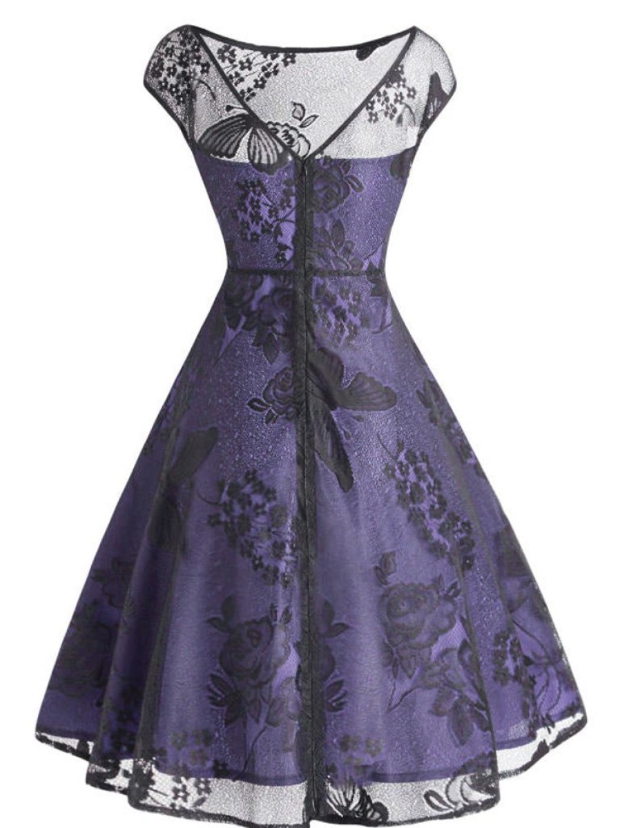 Clothing Retro Stage | 1950S Mesh Floral Swing Dress Purple