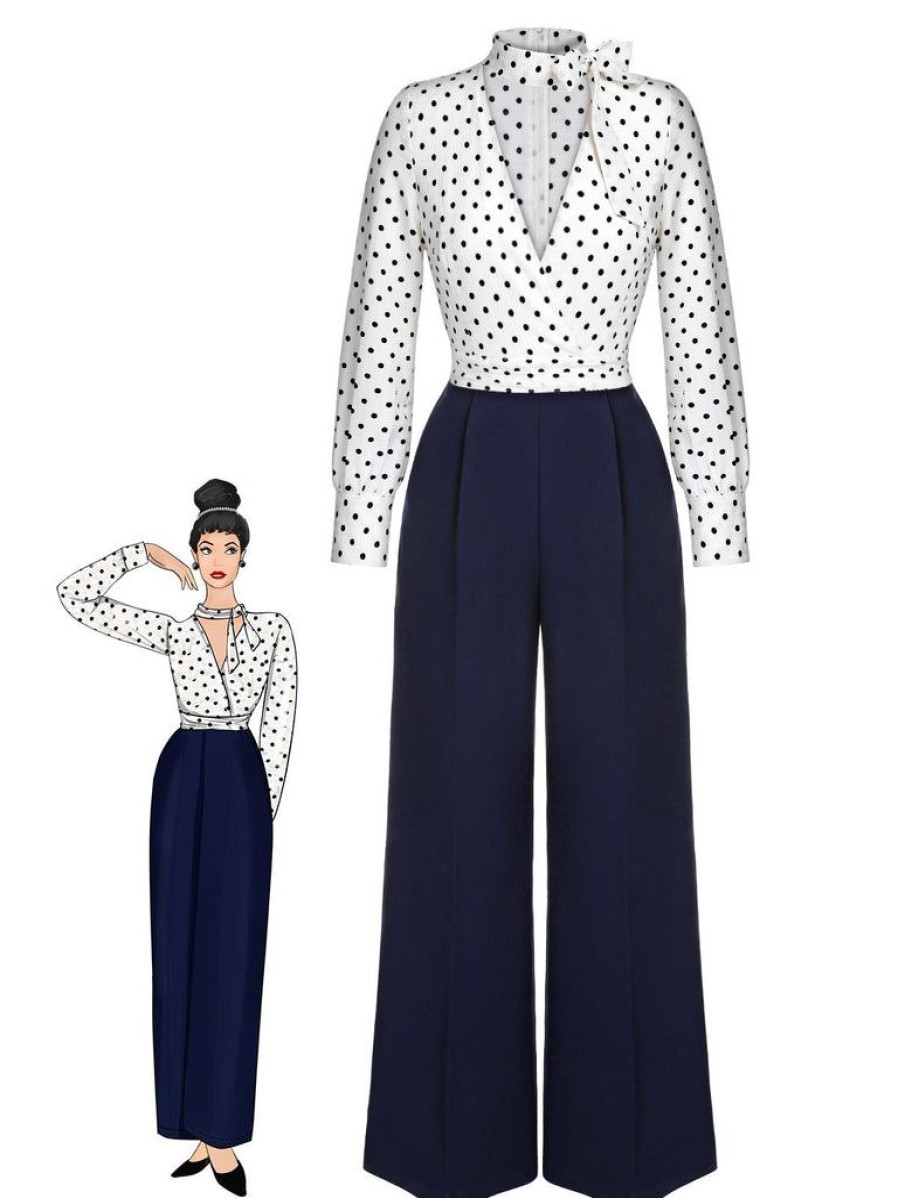 Clothing Retro Stage | [Pre-Sale] Blue & White 1930S Polka Dots Tie Neck Jumpsuit Dark Blue