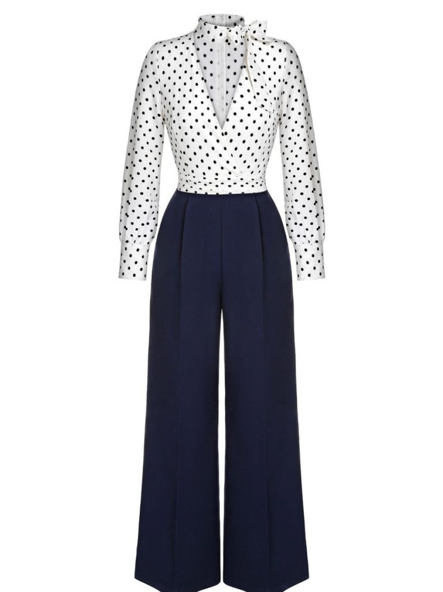 Clothing Retro Stage | [Pre-Sale] Blue & White 1930S Polka Dots Tie Neck Jumpsuit Dark Blue