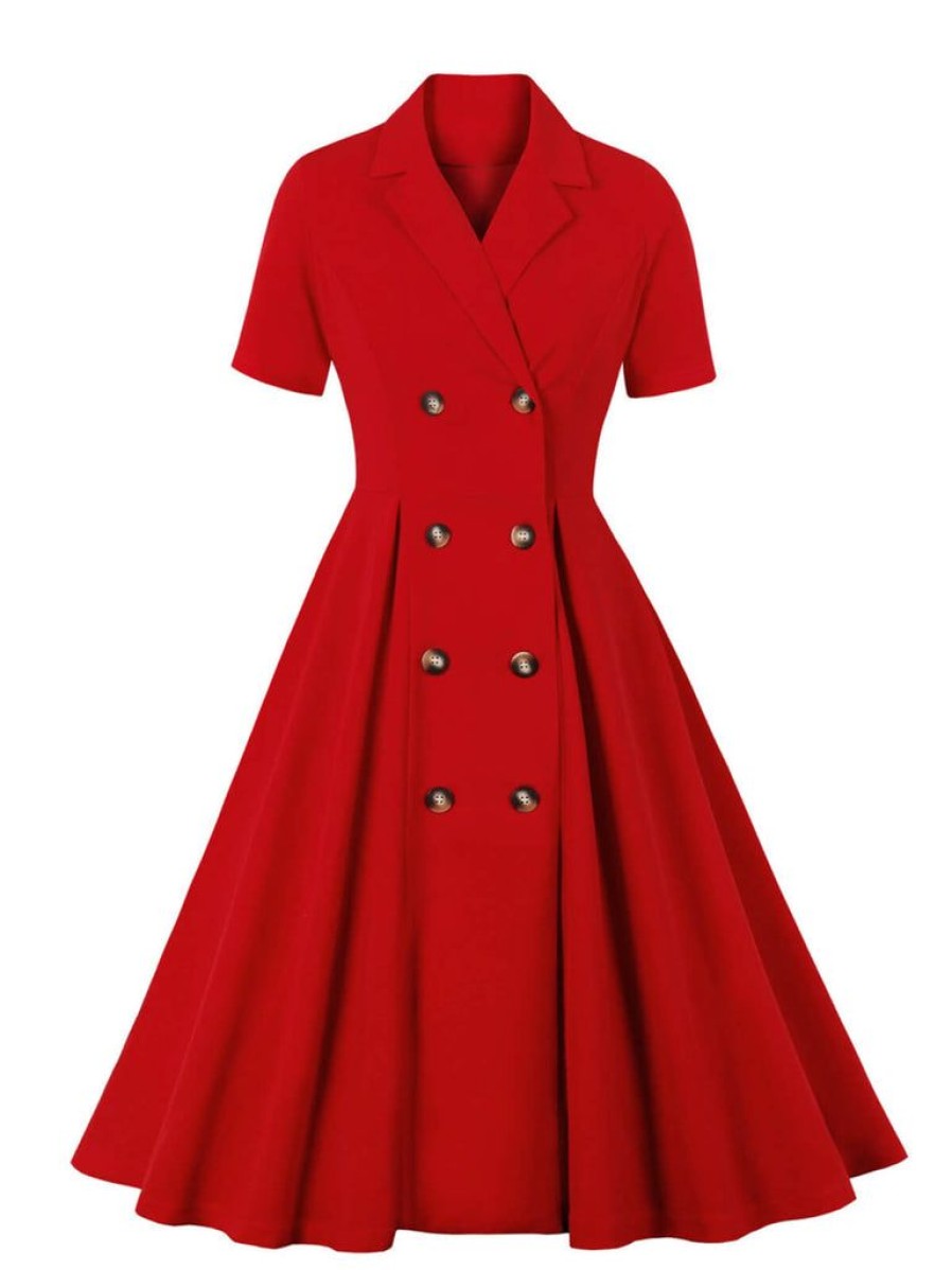 Clothing Retro Stage | [Plus Size] 1950S Solid Lapel Button Swing Dress