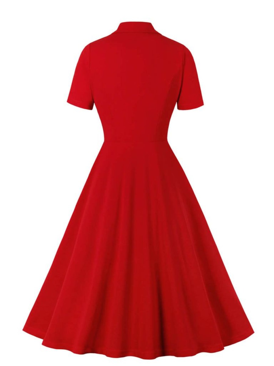 Clothing Retro Stage | [Plus Size] 1950S Solid Lapel Button Swing Dress