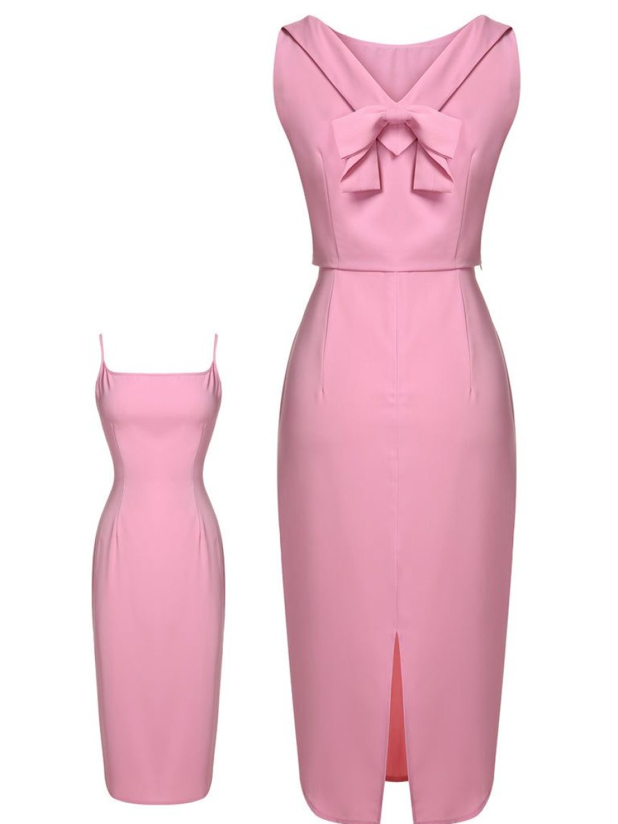 Clothing Retro Stage | 2Pcs Pink 1960S Lapel Bowknot Blouse & Solid Spaghetti Strap Dress Pale Pink