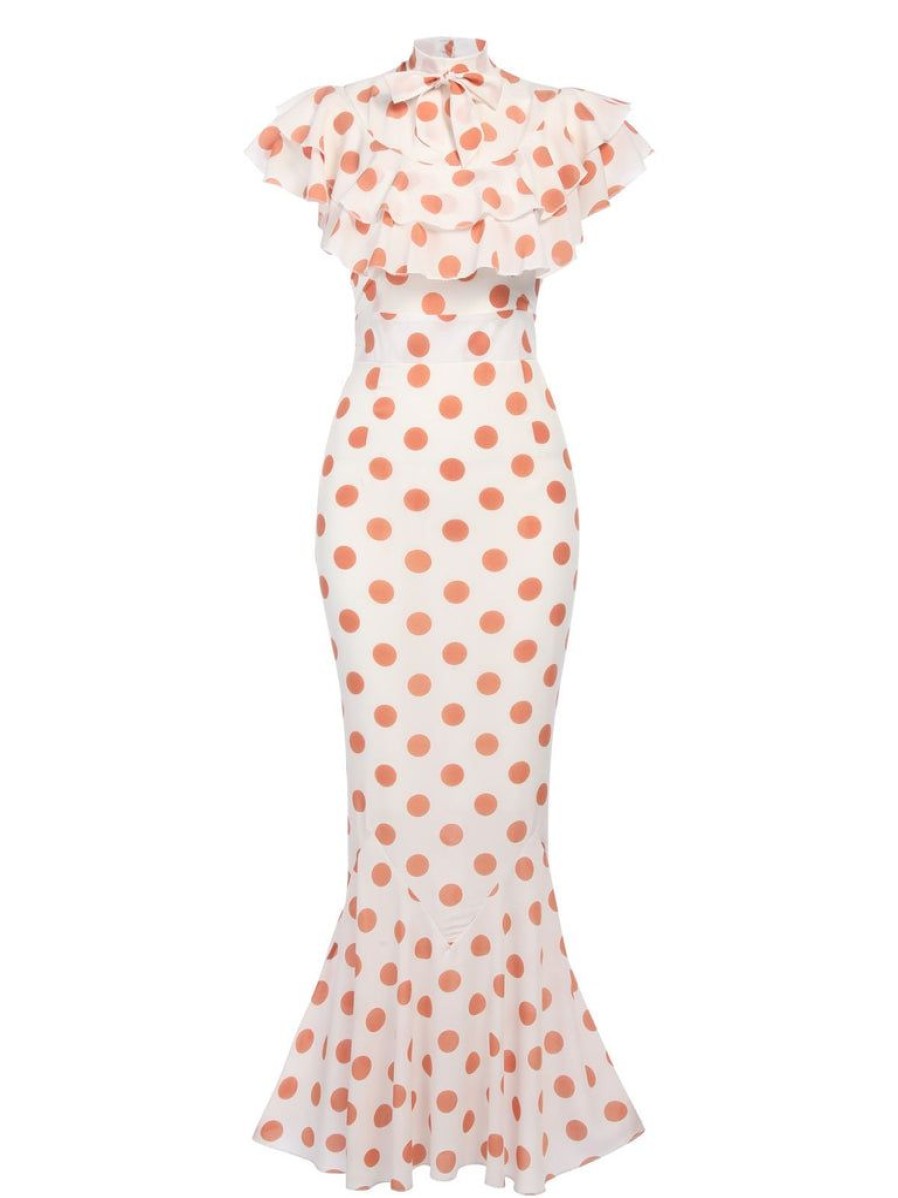 Clothing Retro Stage | 1930S Polka Dot Fishtail Dress Orange