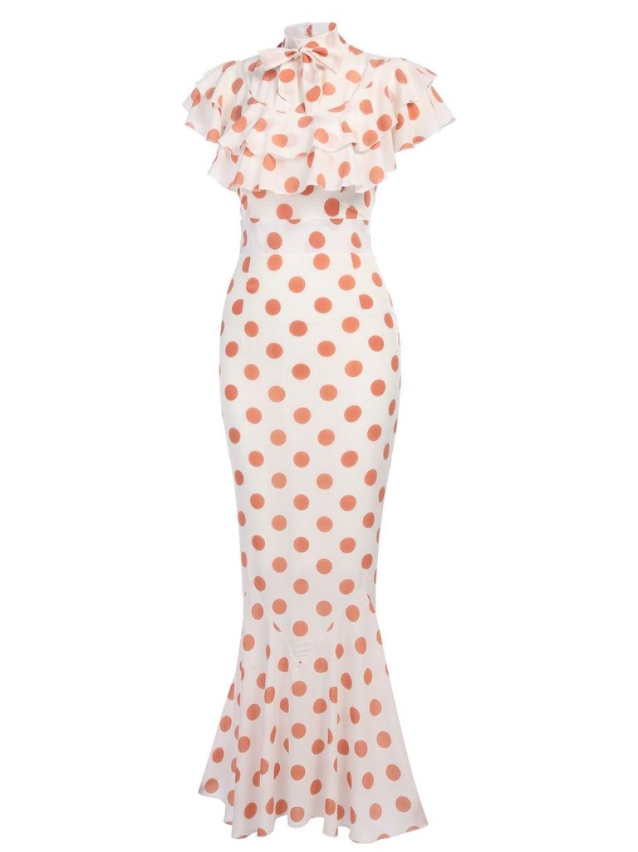 Clothing Retro Stage | 1930S Polka Dot Fishtail Dress Orange