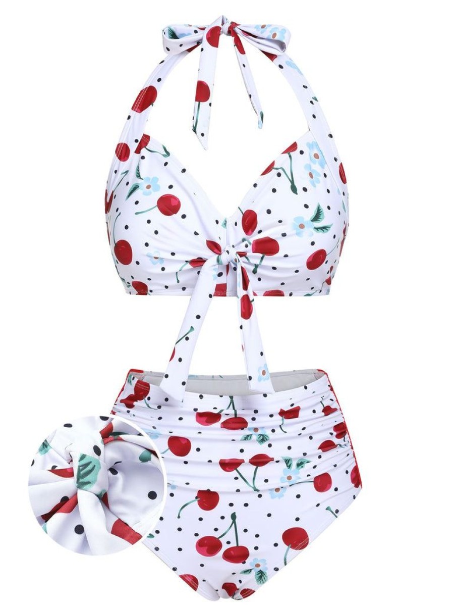 Clothing Retro Stage | 1950S Cherry Lace-Up Halter Swimsuit White