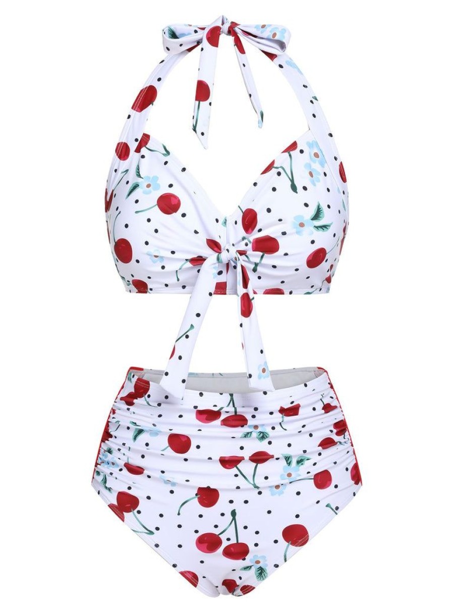 Clothing Retro Stage | 1950S Cherry Lace-Up Halter Swimsuit White