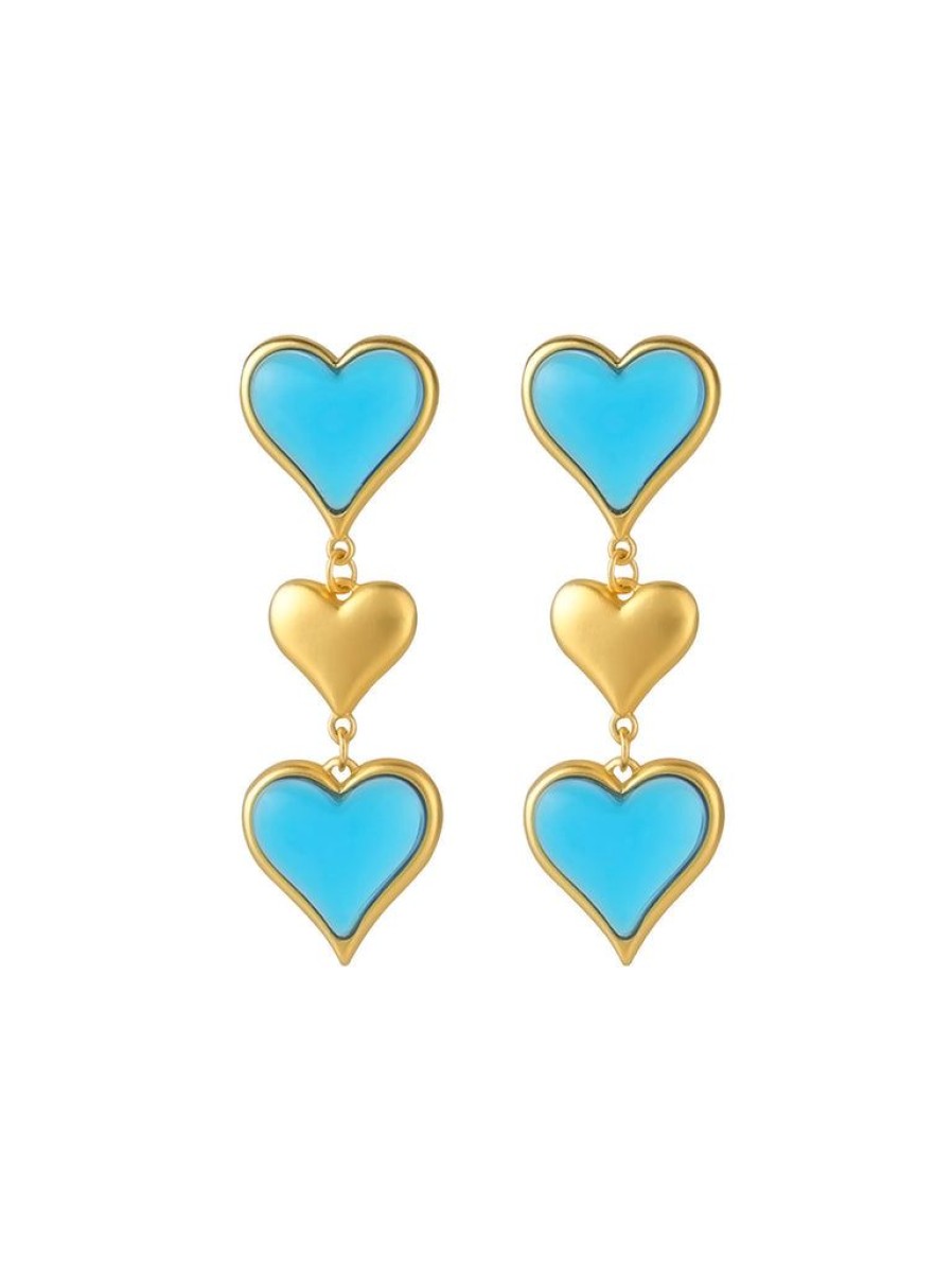 Accessories Retro Stage | Blue & Gold Heart Dangle Earrings