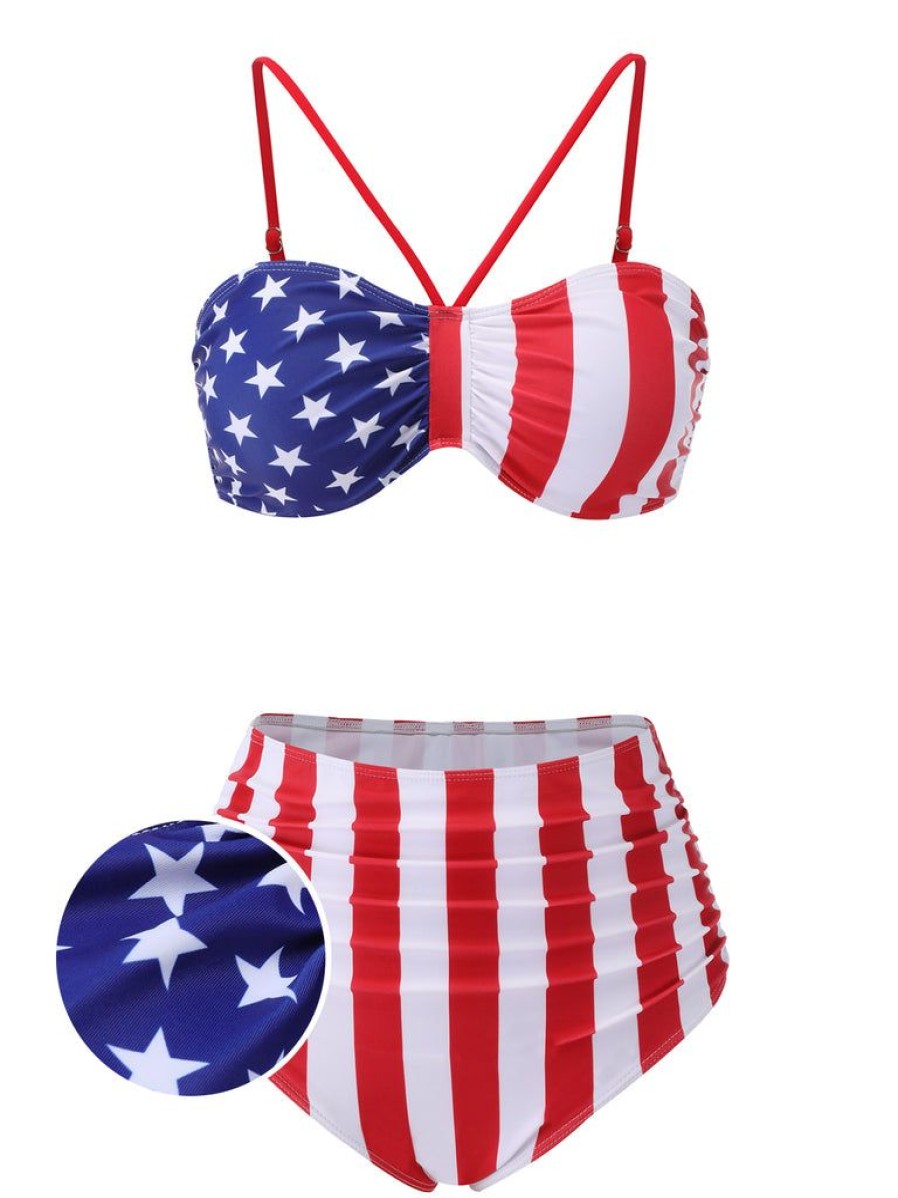 Clothing Retro Stage | 1940S Flag Independence Day Patchwork Swimsuit Red