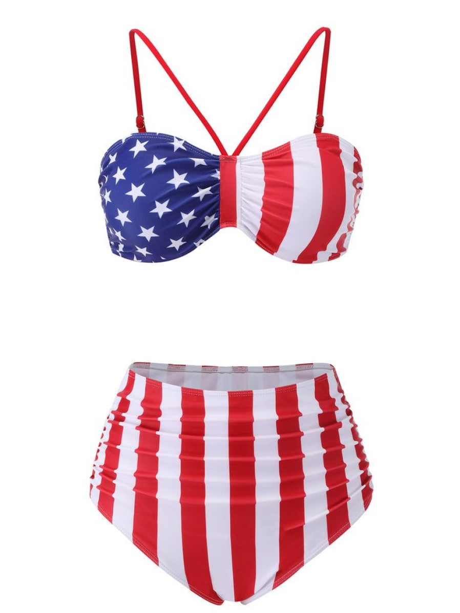 Clothing Retro Stage | 1940S Flag Independence Day Patchwork Swimsuit Red