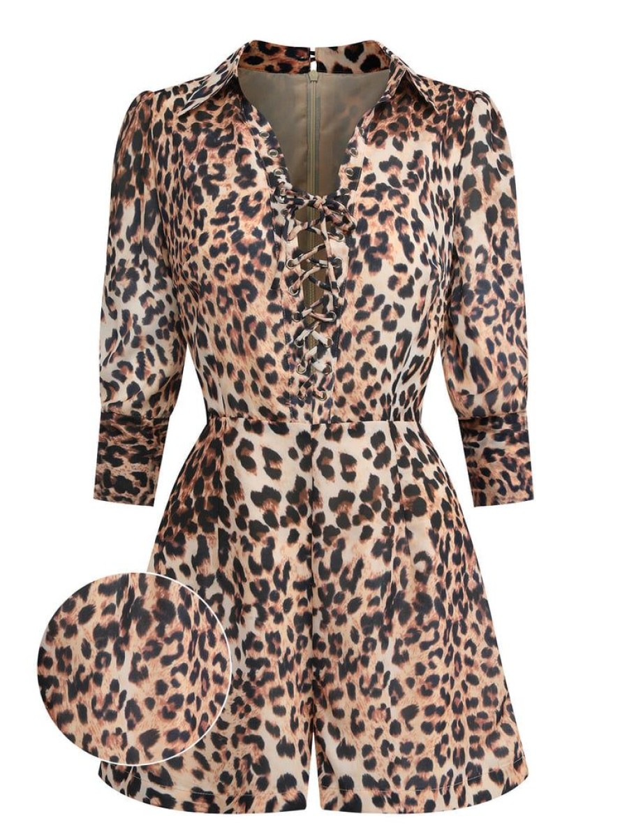 Clothing Retro Stage | 1950S Lapel Lace-Up Vintage Romper Leopard