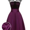 Clothing Retro Stage | 1950S Lace Patchwork V-Neck Dress Dark Purple