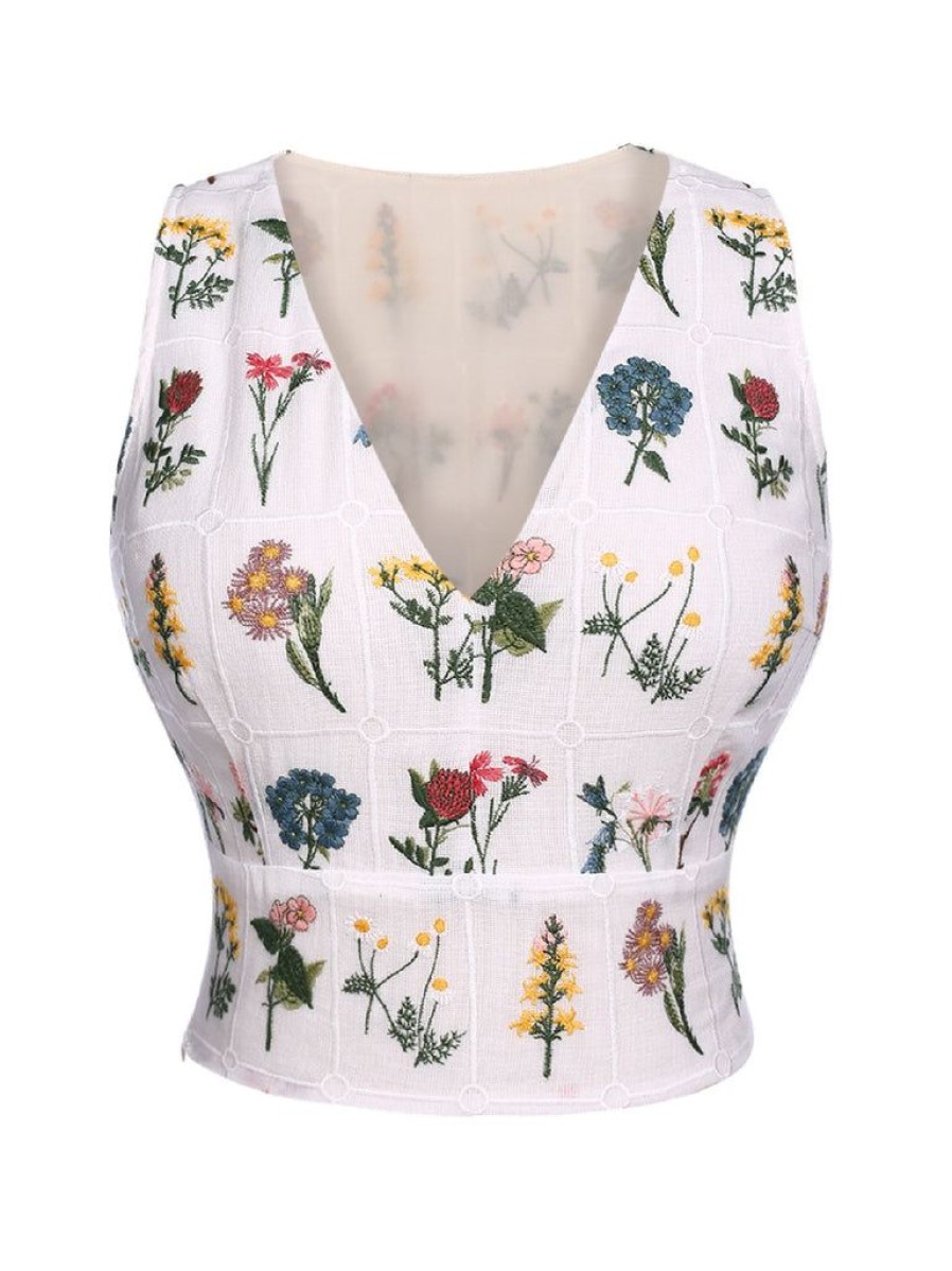 Clothing Retro Stage | 1950S Floral Embroidery Crop Top White